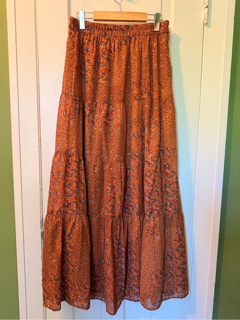 Elan Rust Orange Floral Tiered Maxi Boho Skirt - Picture 13 of 16